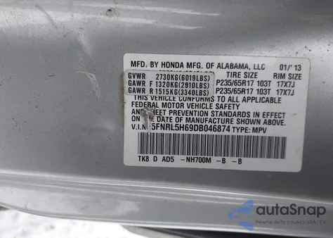2013 Honda Odyssey Ex-L from USA, damaged, VIN 5FNRL5H69DB046874